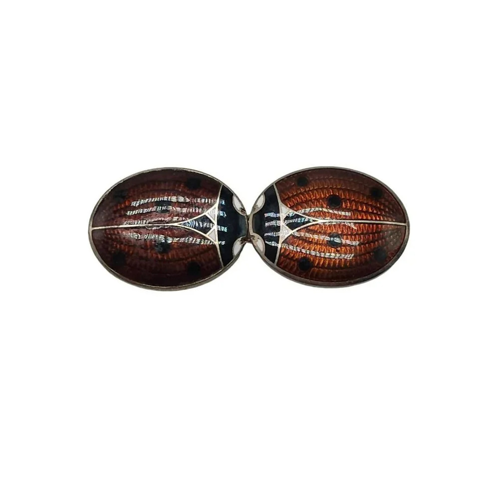 Brown Black Enamel Ladybug Czechoslovakia Belt Buckle Silver Tone Vintage